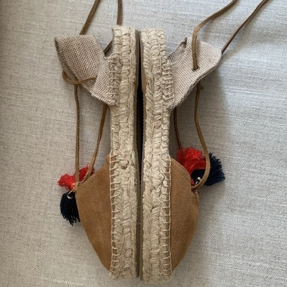 Soludos Lauren Tan Suede Lace Up Tassel Espadrille Flat Sandals Size 10